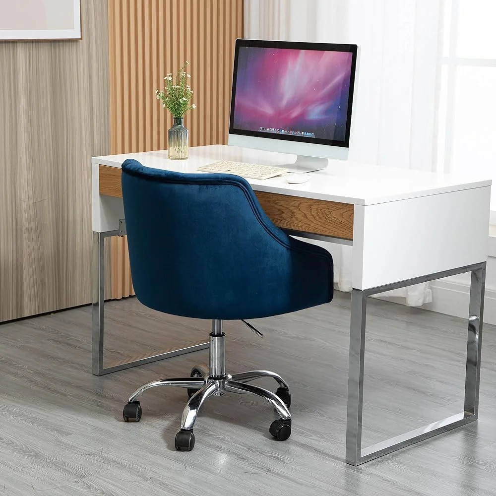 CHGBV Velvet Home Office Chair ° Swivel Desk Chair with Gold Base Modern Upholstered Tufted Vanity Chairs Pretty Fancy Chair Adjustable Chair for Teens Women Girls (Blue)