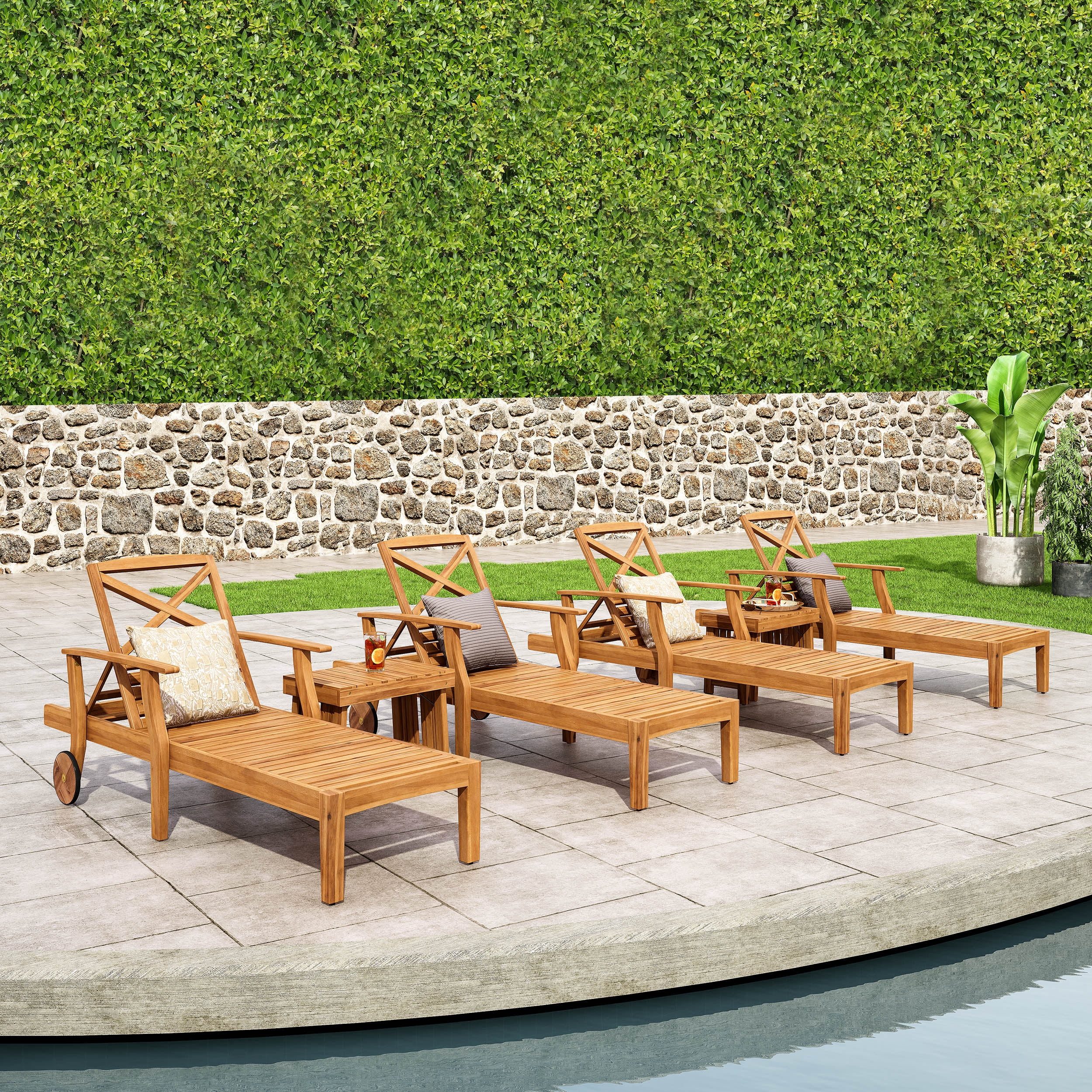 Noble House Forrest Acacia Wood Outdoor Chaise Lounge - Set of 4, Teak