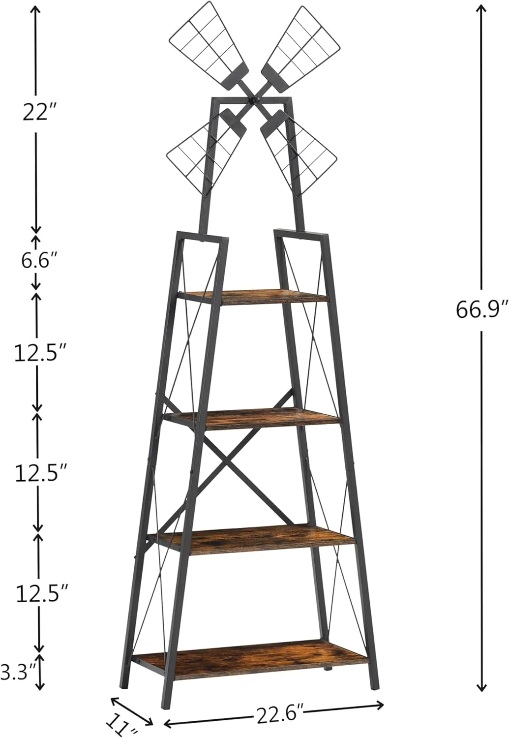 4 Tier Ladder Bookshelf, Wood Bookcase Storage Shelves with Metal Frame, Modern Bookcase, Bookcase for Home Office, Book Shelf Organizer for Living Room,Bedroom, Kitchen, Rustic Brown