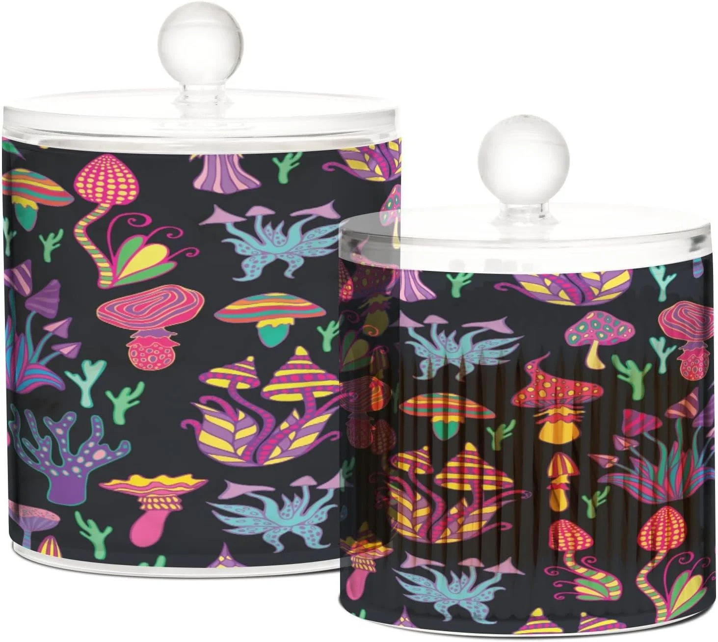 Bestwell 2PCS Qtip Holder Dispenser with Lids Mushroom Print Apothecary Jars Clear Plastic Storage Containers Bathroom Vanity Organizer for Tea Coffee Cotton Ball Floss