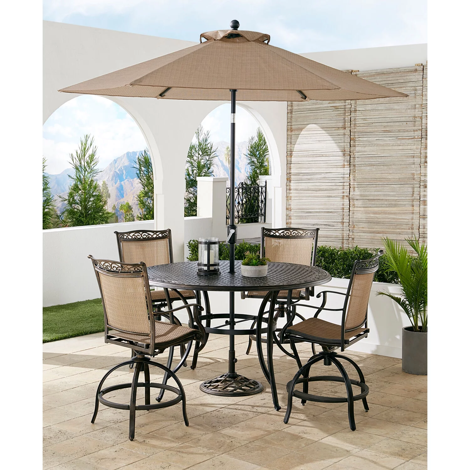 Hanover Fontana 5-Piece High-Dining Set in Tan with 4 Counter-Height Swivel Chairs, 56-in. Cast-top Table, Umbrella and Umbrella Base