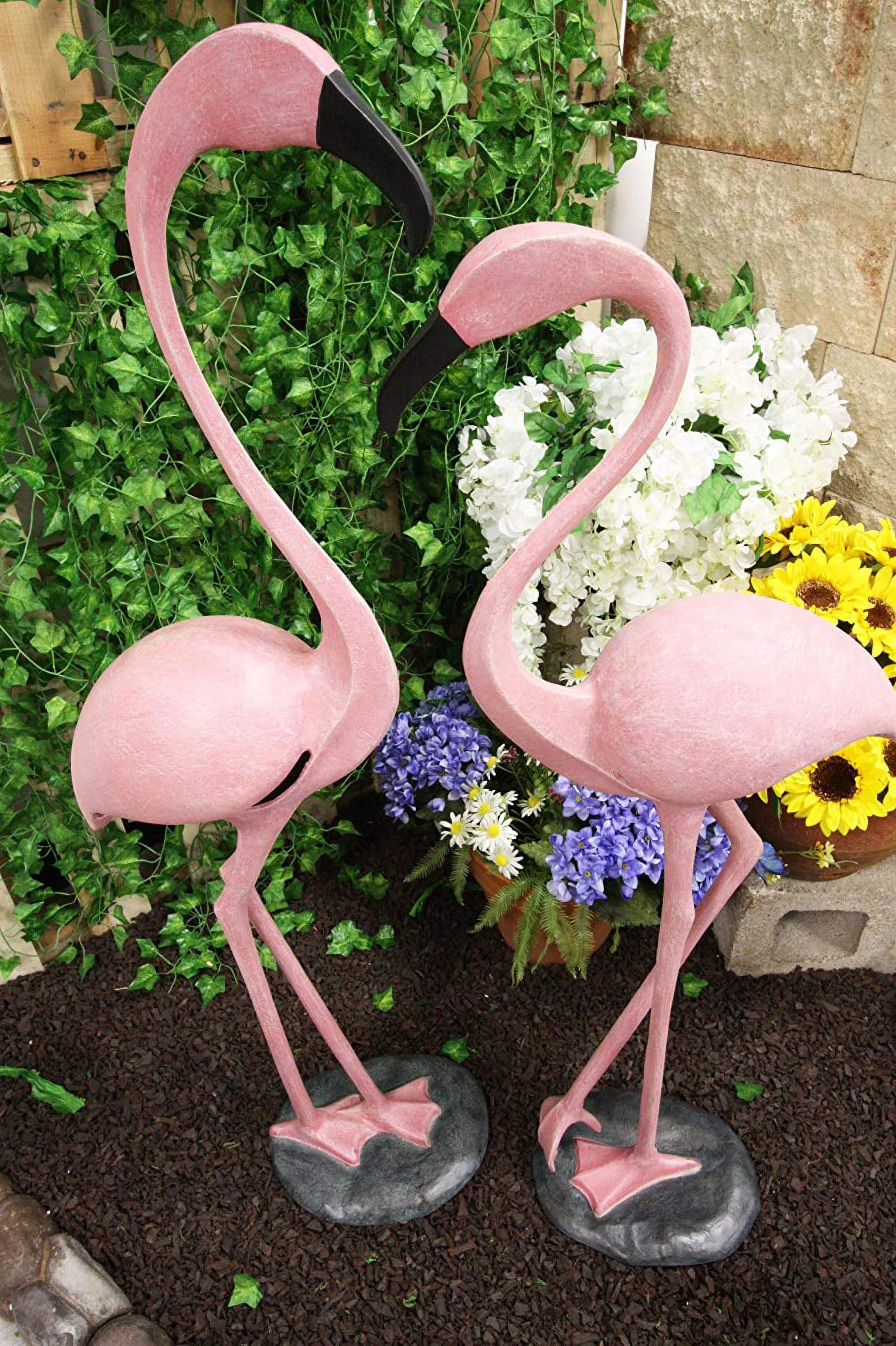 Ebros Large Set of 2 Colorful Tropical Rainforest Pink Flamingo Garden Statues