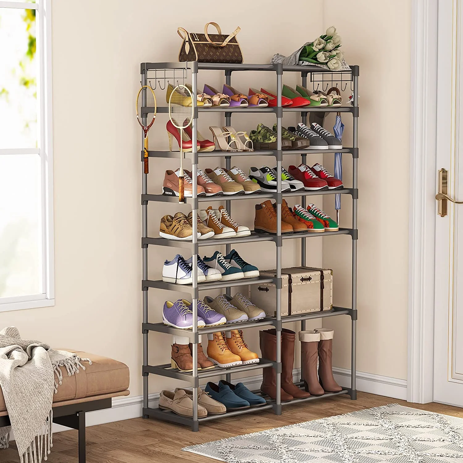 Shoe Rack Organizer, 32-40 Pairs Stackable Storage Shelf, 9 Tiers Stand, for Closet,Gray