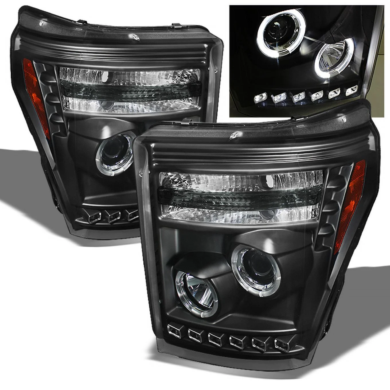 AKKON - For F-Series SuperDuty Pickup Truck Black Bezel Dual Halo Ring LED Projector Headlights Replacement