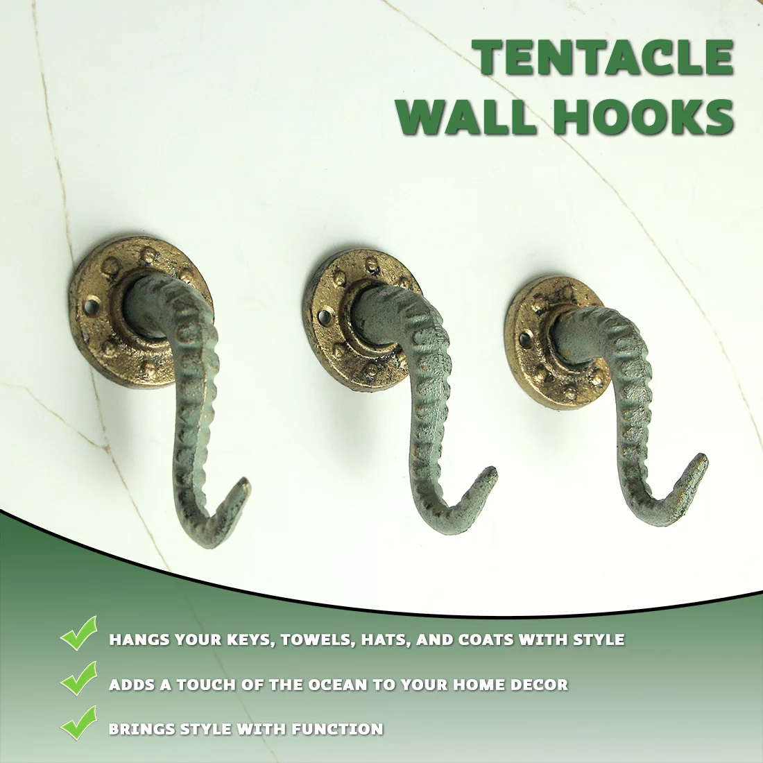 Zeckos Bronze Cast Iron Octopus Tentacle Wall Hook (Set of 3)