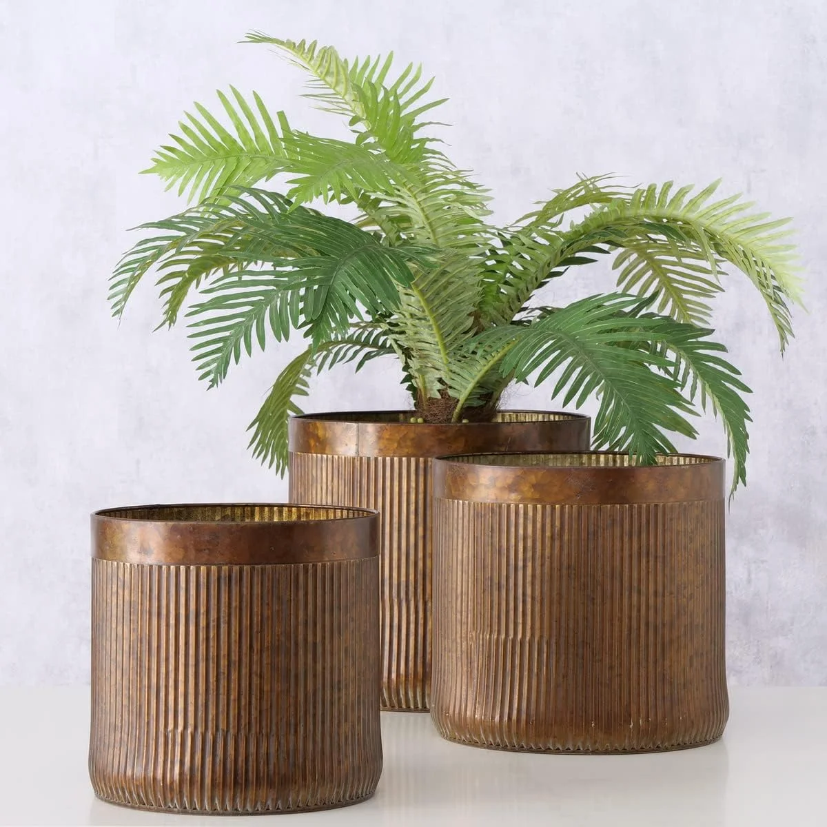 Boho Shabby Style Round Planters, Set of 3, Corrugated Bellies,  Antique Gold Finish, 10.75, 9.75, and 12.25 Inches, Cache Pots