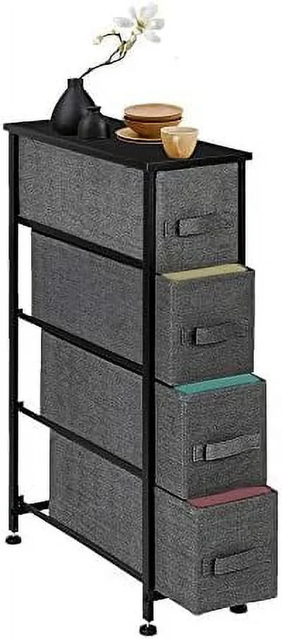 FDSHOIYN Narrow Dresser  Vertical  Unit with 4 Fabric Drawers  Metal Frame  Slim  Tower  7.9" Width  for Living Room  Kitchen  Small Space  Gap (Grey)