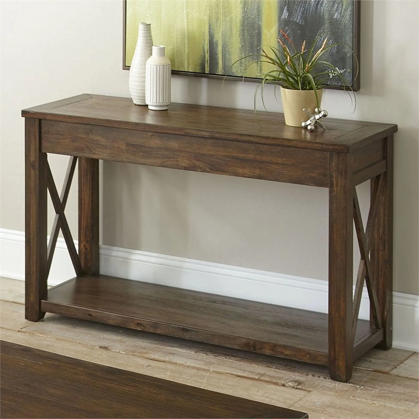 Pemberly Row Farmhouse Wood Console Table in Brown Oak
