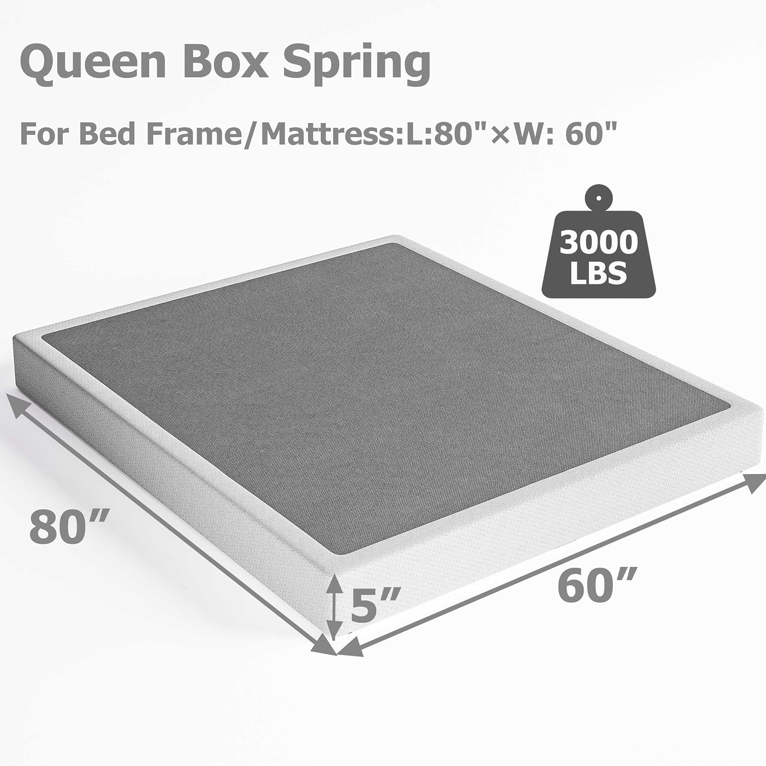 YILAN Box Spring Queen，5 Inch Metal Box-Spring Only, Mattress Foundation, Heavy Duty Structure with Fabric Cover Metal Frame, Noise Free, Non-Slip, Easy Assembly