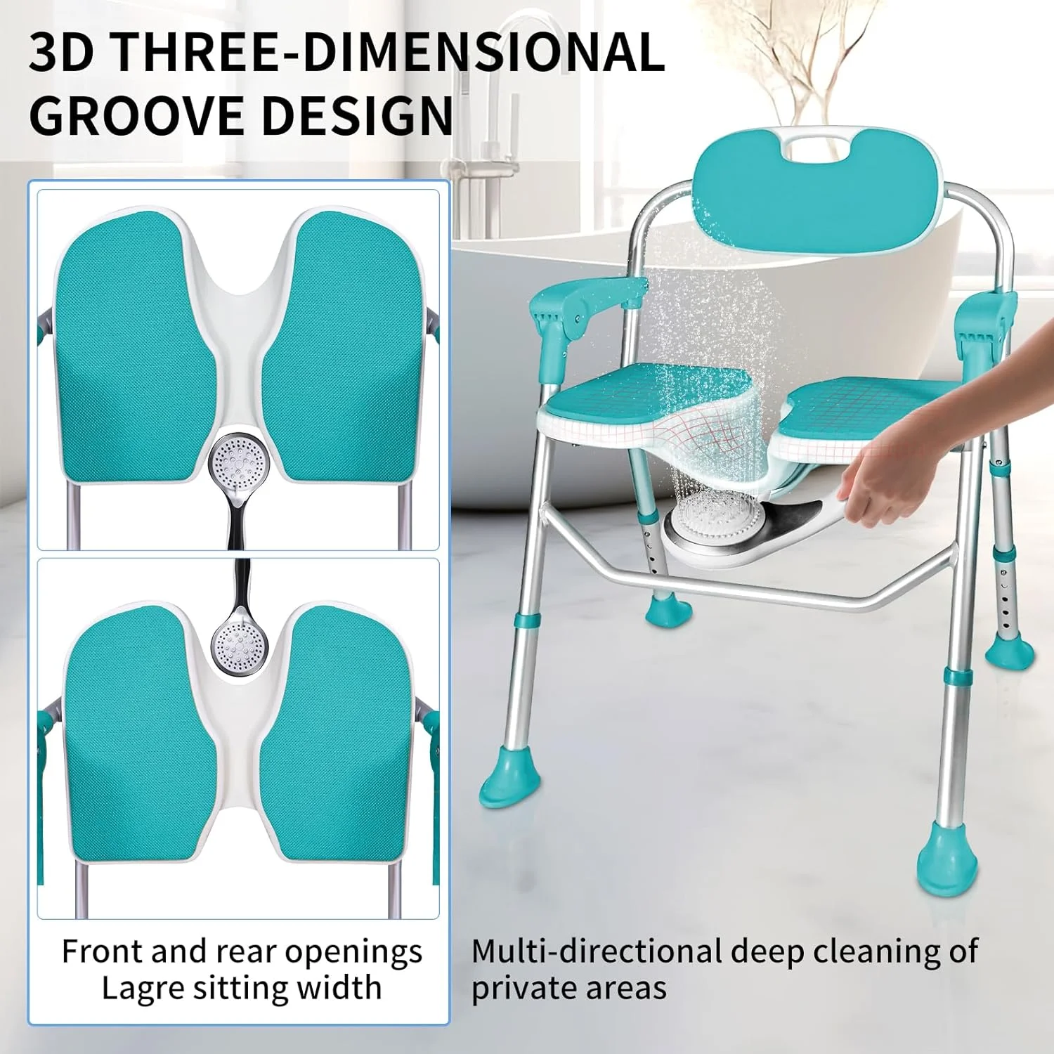 Shower Chair for Elderly and Disabled, Shower Chairs with Arms and Back and Four Suction Cups, Foldable and 5-Level Adjustable Shower Chair, High Density Aluminum Product, Holds to 350 lbs.