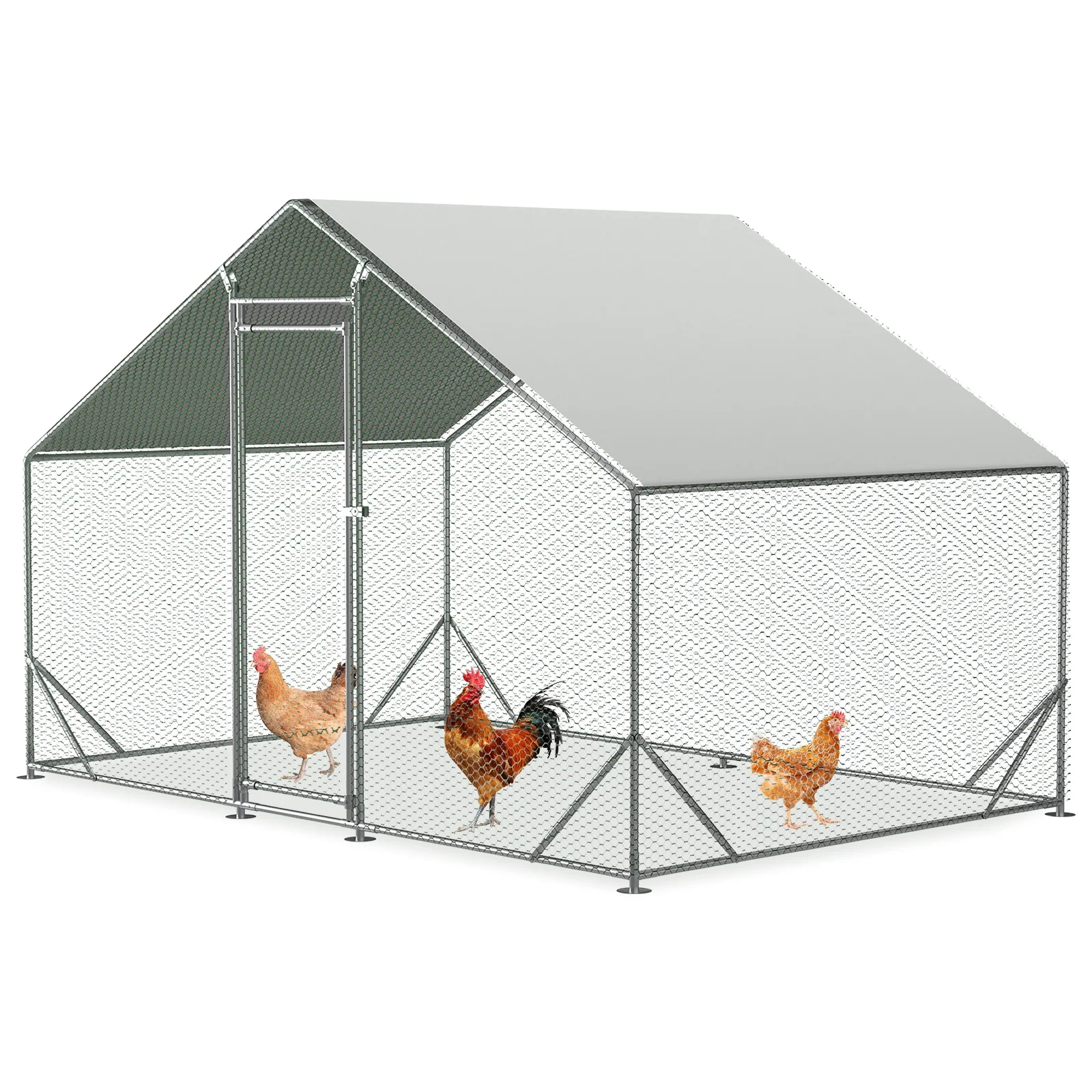 SYTHERS Outdoor Large Metal Chicken Coop, Chicken Run Walkin Poultry Cage for Duck and Rabbit, Hen House with Waterproof Cover, Silver, 10' L x 6.6' W x 6.56' H