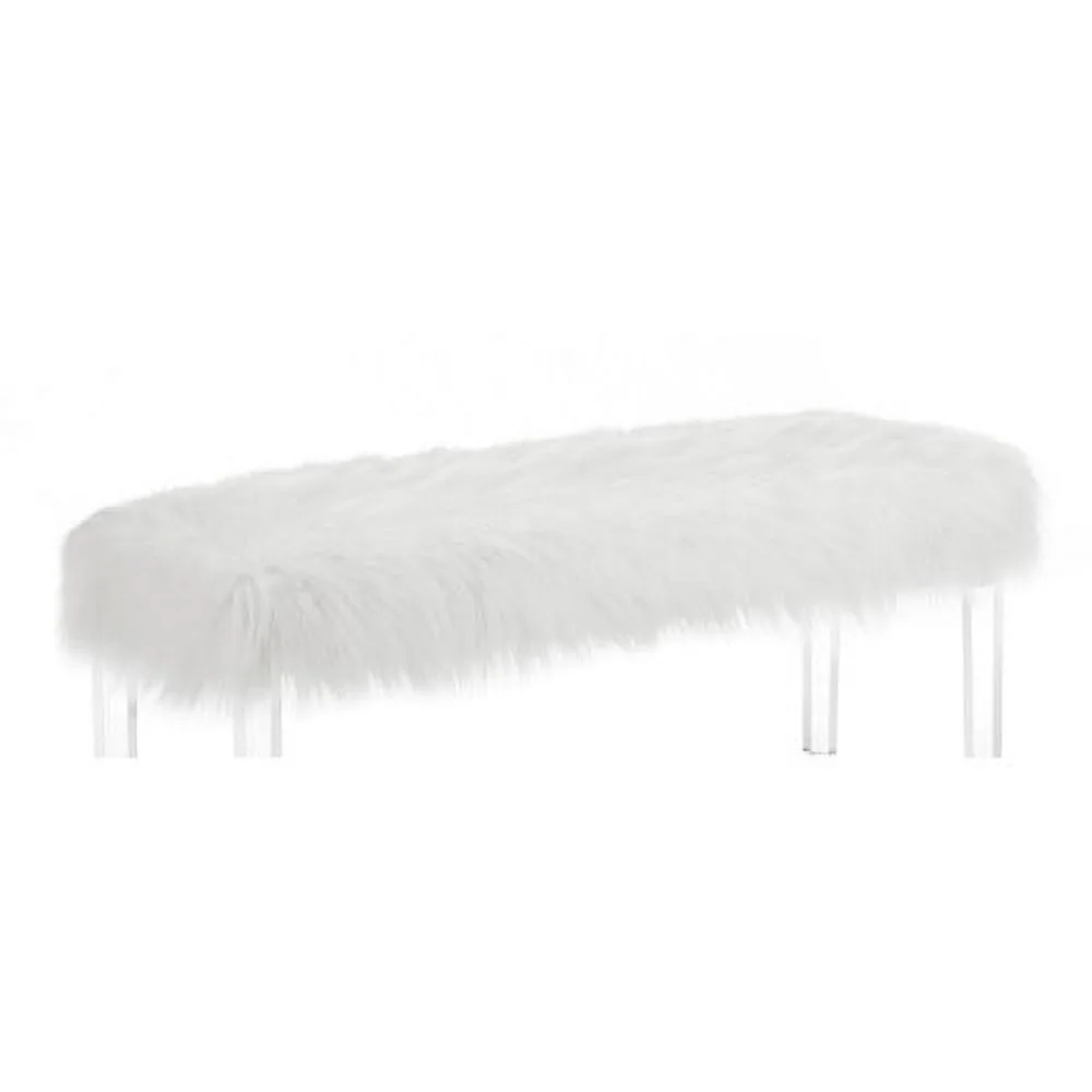 JHOOTUUO 1pc White Glam Accent Bench with Faux Fur Seat Transparent Legs