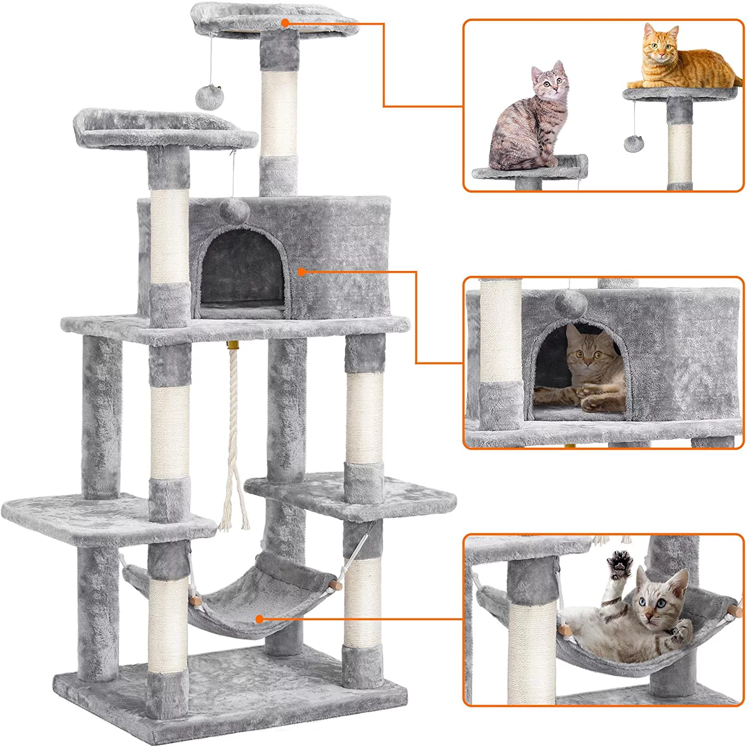 Multi-Level Cat Tree Cat Tower, 59''H Activity Center Tower Stand Furniture with Scratching Posts, Plush Perch & Hammock