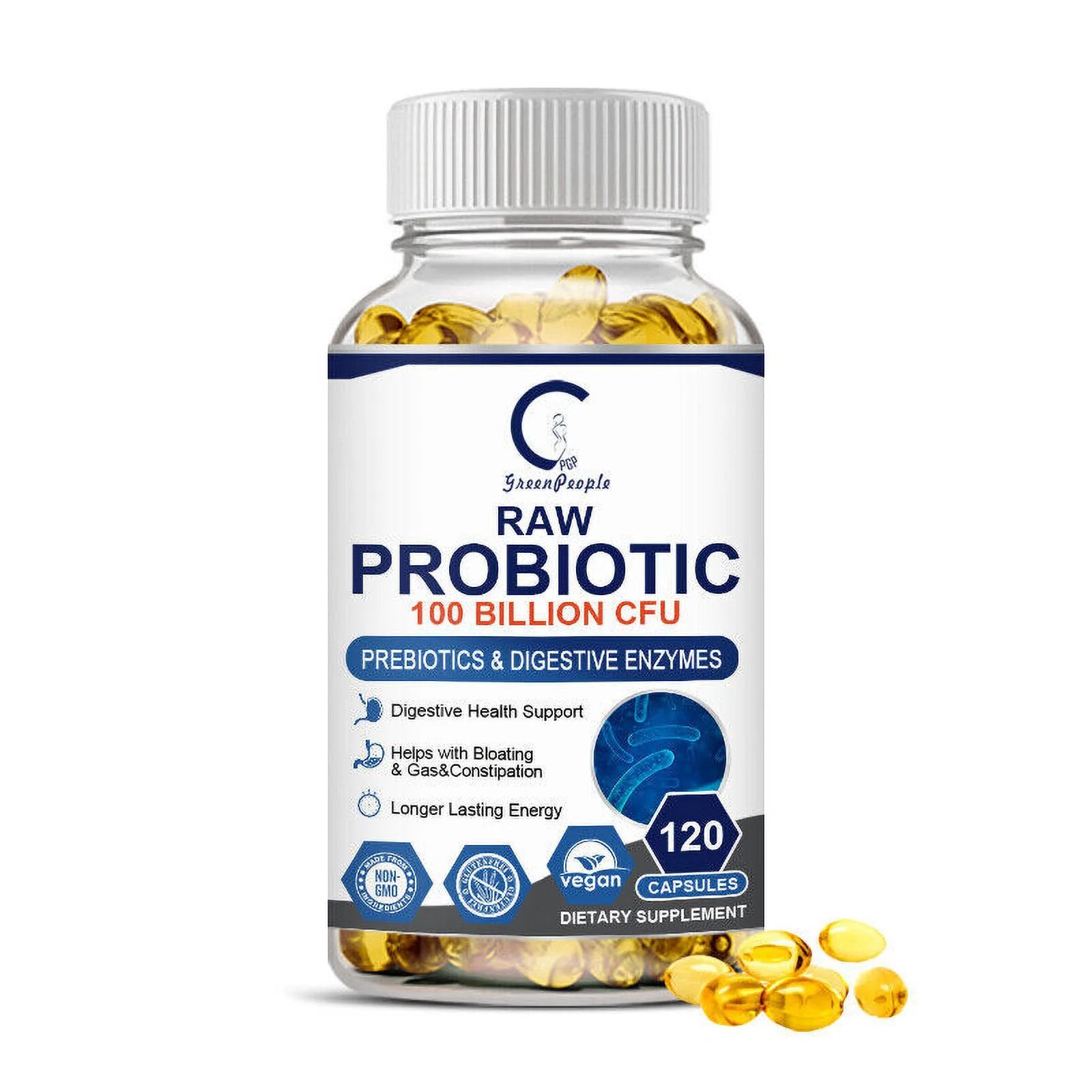 Digestive Enzymes Prebiotic & Raw Probiotics Gas, Constipation & Bloating Relief 120 Capsules