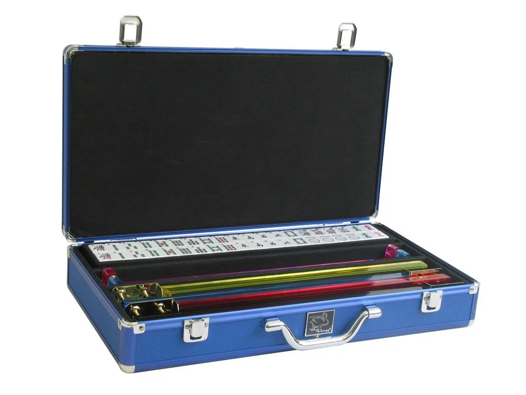 White Swan American Mahjong Set in Luggage-Style Blue Case - White/Blue Tiles - Classic Pusher Arms