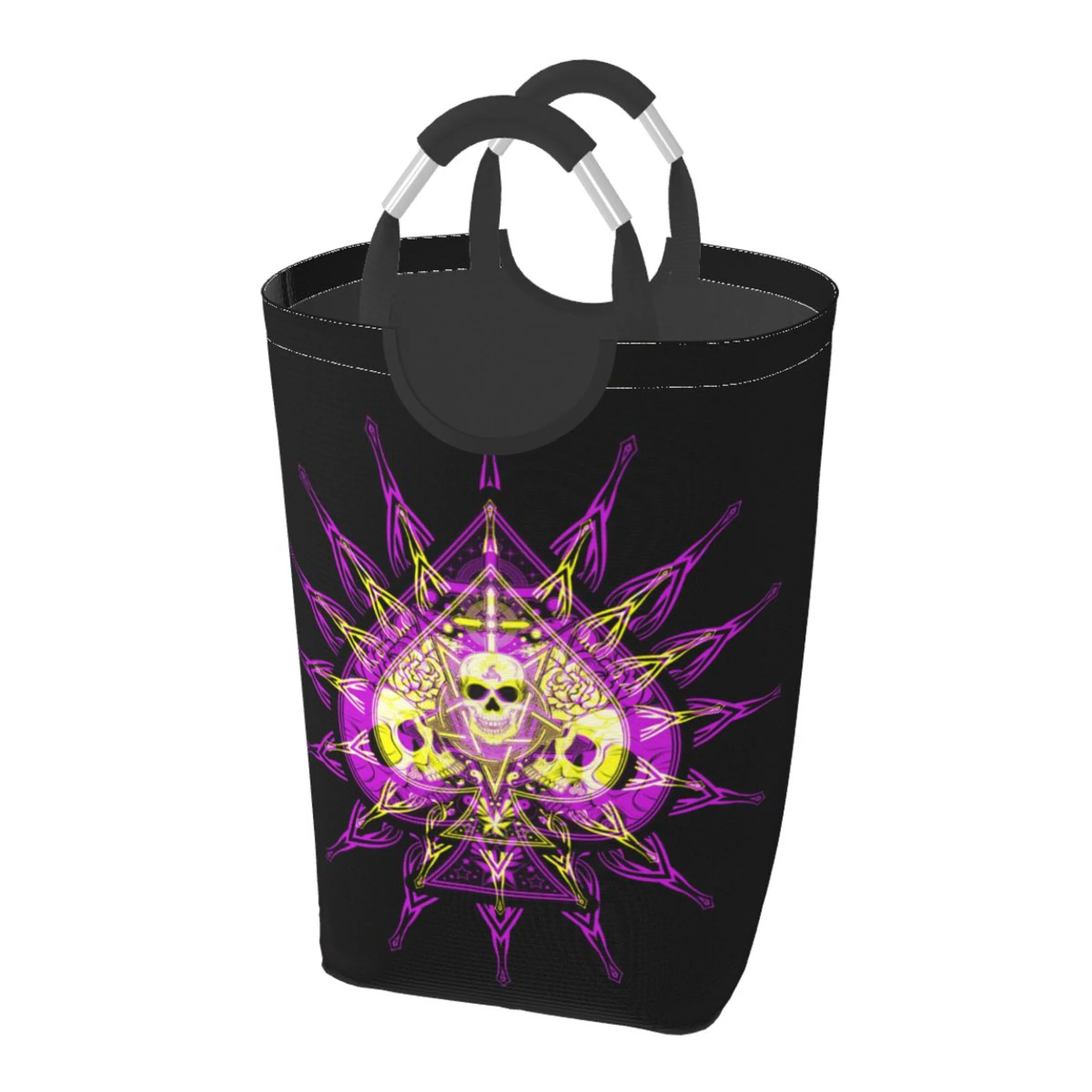 TEQUAN 50L Large Rectangular Laundry Hamper with Aluminum Handles, Spades Poker Death Skeleton Purple Prints Waterproof Foldable Dirty Clothes Basket