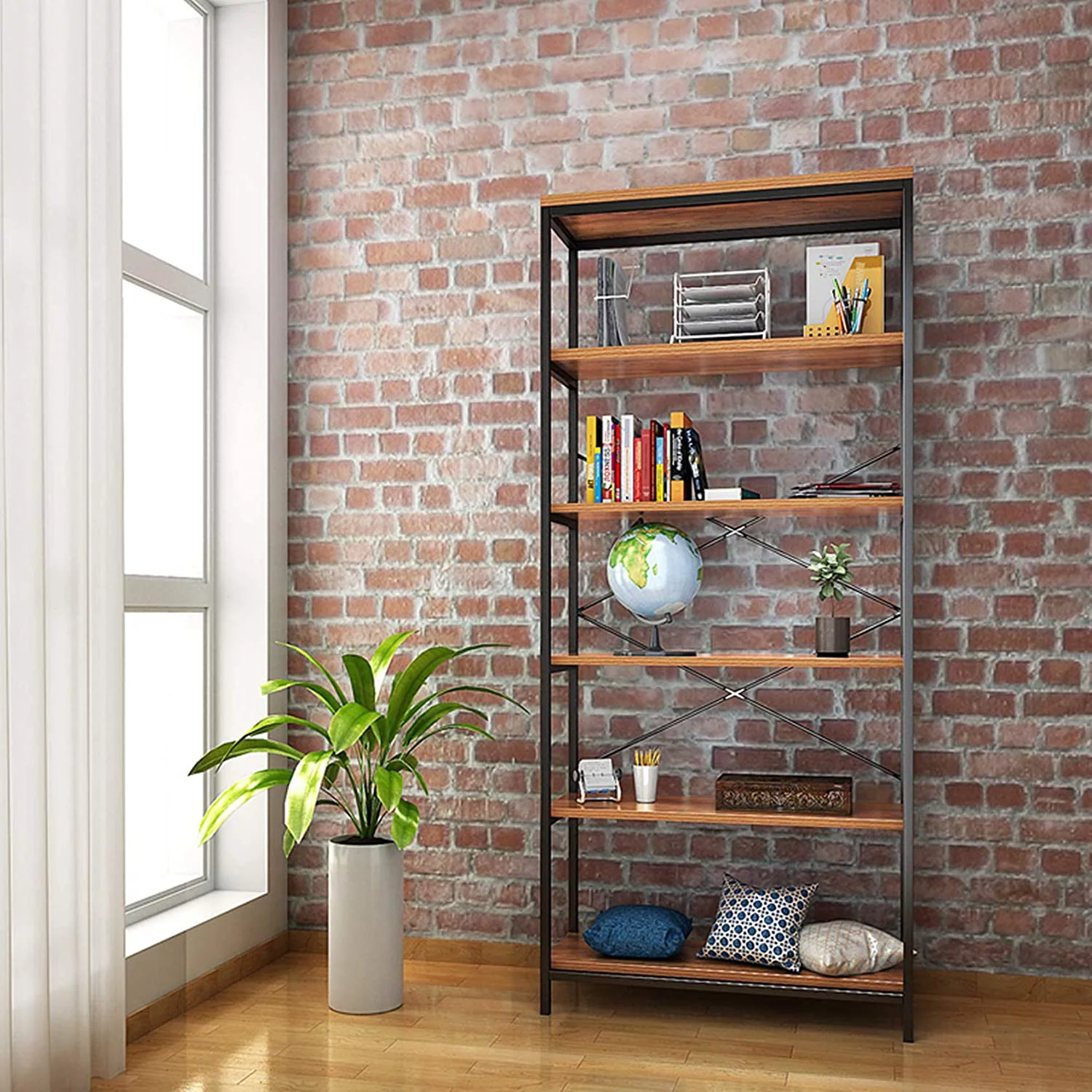 TJUNBOLIFE 5-Tier Industrial Style Bookcase  Vintage Free Standing Bookshelf  Rustic Wood   (Brown.)