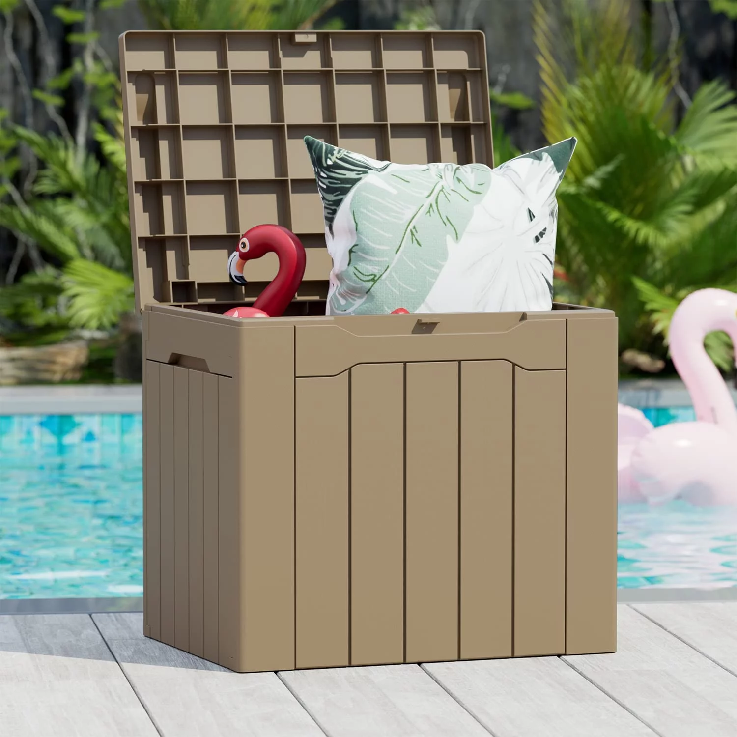 TLKJ 31 Gallon Resin Deck Box Large Outdoor Storage for Patio Furniture  Garden Tools  Pool Supplies  Weatherproof and UV Resistant  Lockable  Dark Brown