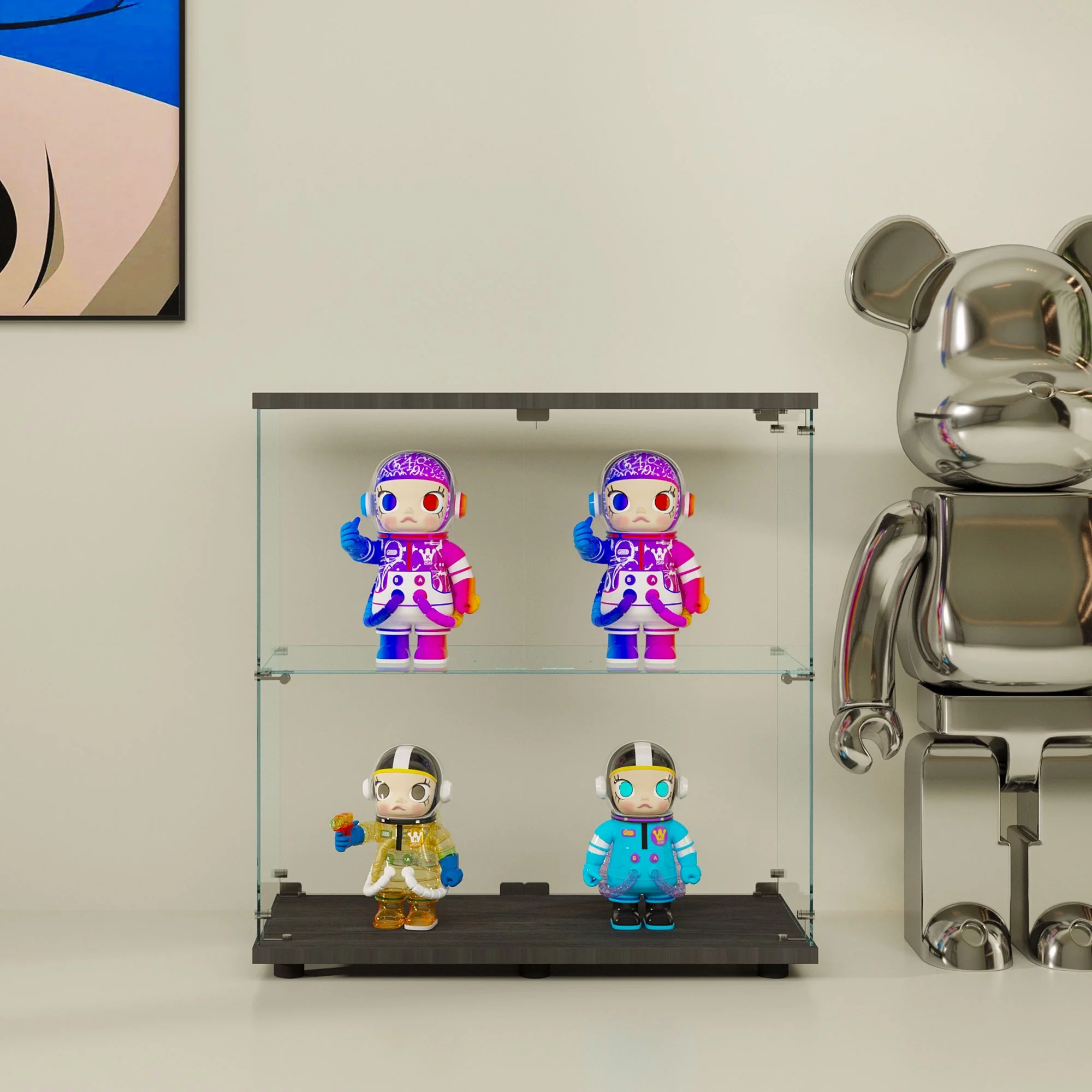 Two-door Glass Display Cabinet 2 Shelves with Door, Floor Standing Curio Bookshelf for Living Room Bedroom Office, 35.35” x 31.69”x 14.37”, Black