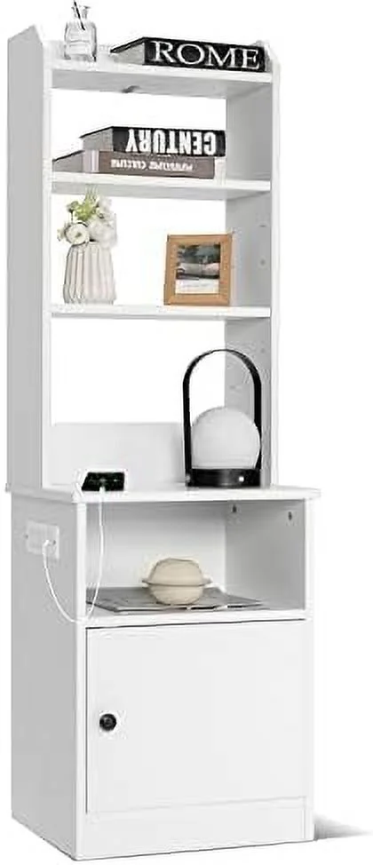 SJOPLMN Nightstand with Charging Station - 55" Tall Bedside Table with 6-Level Adjustable Shelves  Multifunctional End Table & Bookshelf  Modern  Cabinet for Bedroom (White)