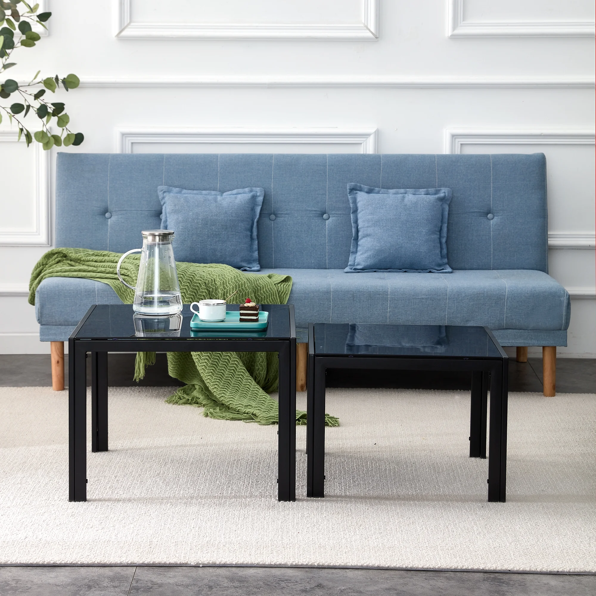 Smilegend Modern Black Square Nesting Coffee Table Set of 2 with Tempered Glass Finish, Stacking Tables