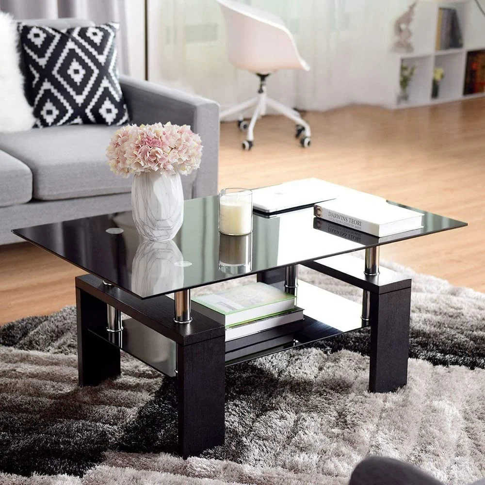 CKPFVY Rectangle Glass Coffee Table  2-Tier Center Table Modern Black Side Coffee Table for Living Room Reception Room Office with Lower   Wooden Legs  Minimalist Tea Table