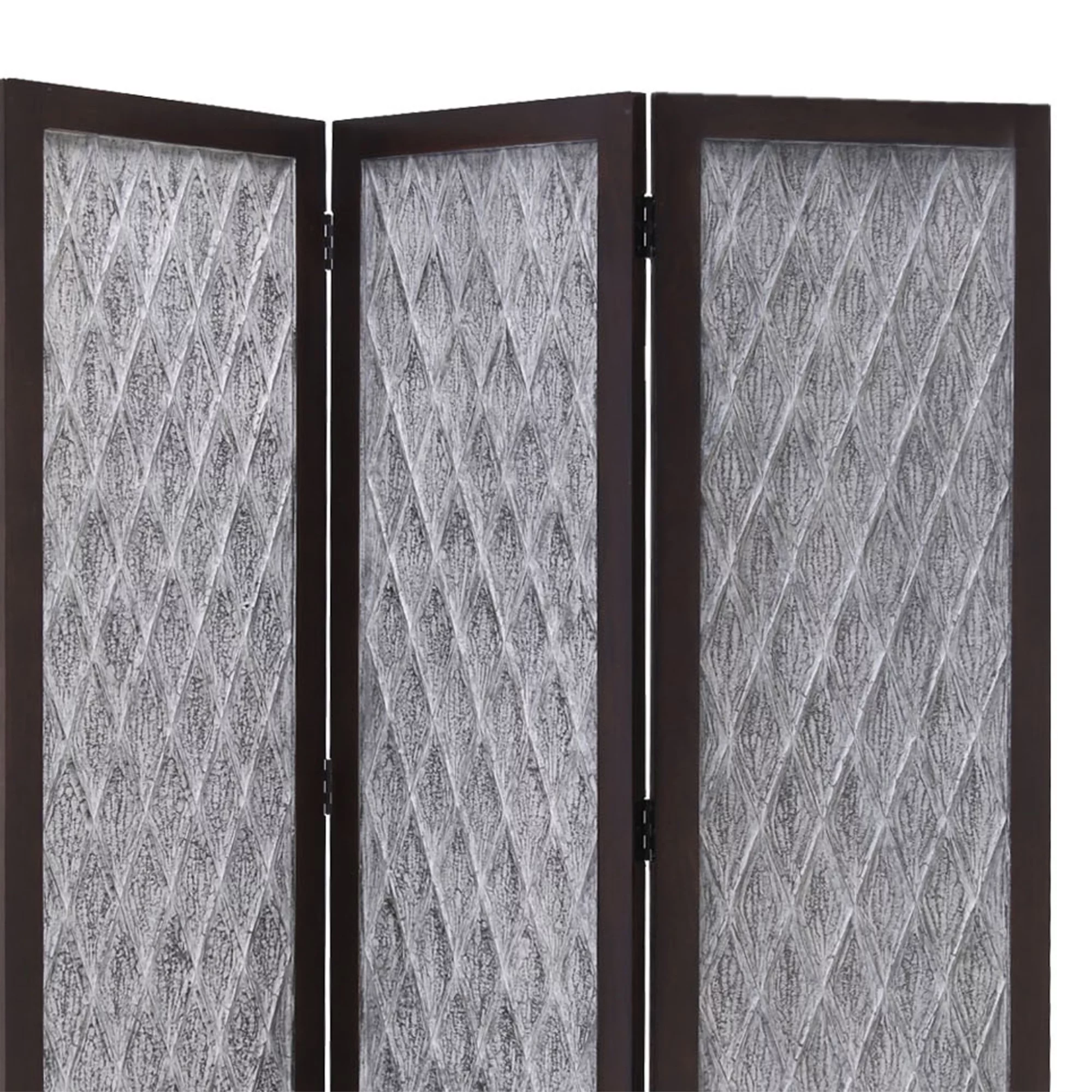 Wooden 3 Panel Room Divider with Textured Diamond Pattern, Gray and Black
