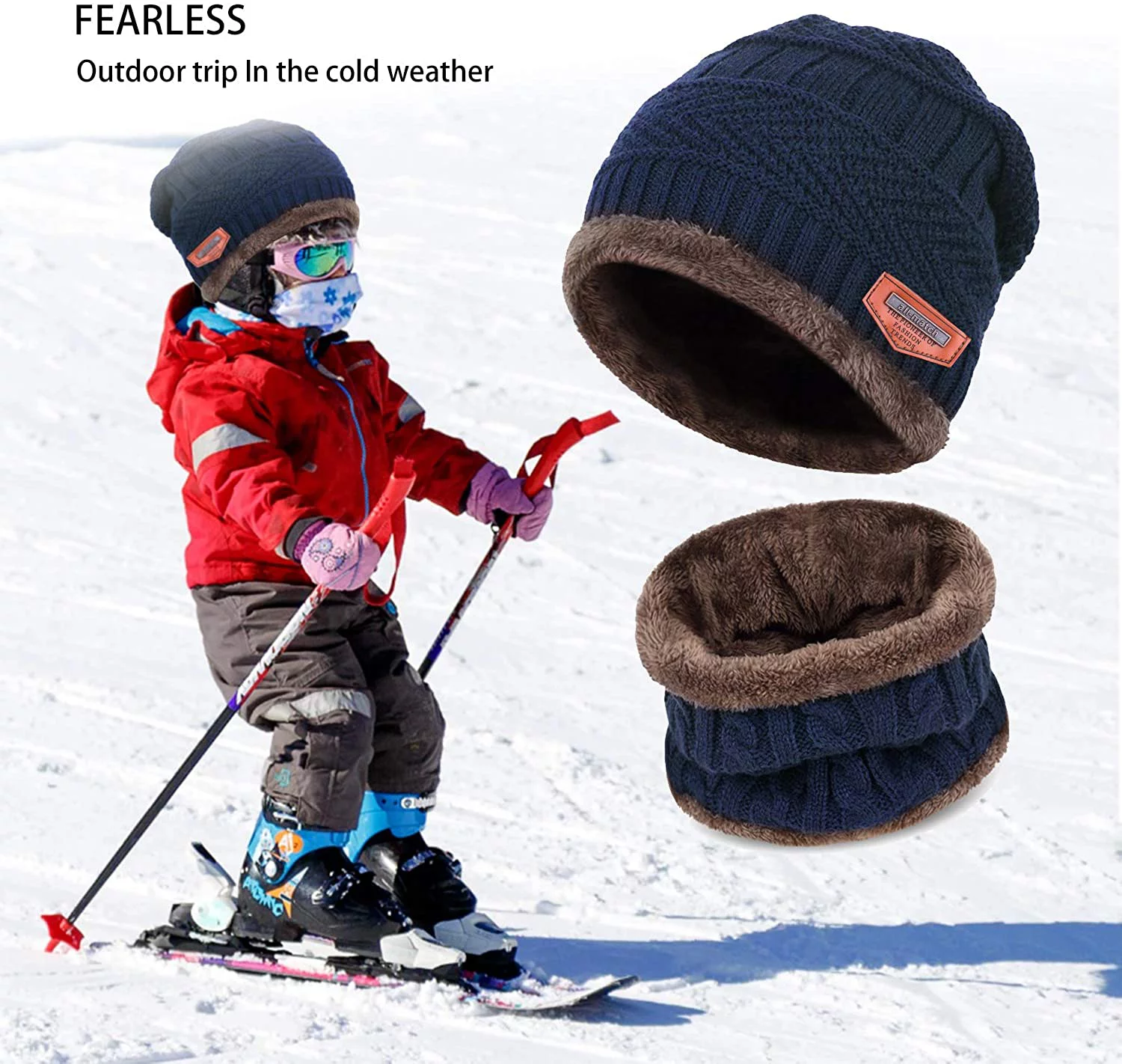 GRNSHTS Kids Winter Knitted Hat and Fleece Neck Warmer Scarf Set for Boys Girls Age 5-10 (Blue)