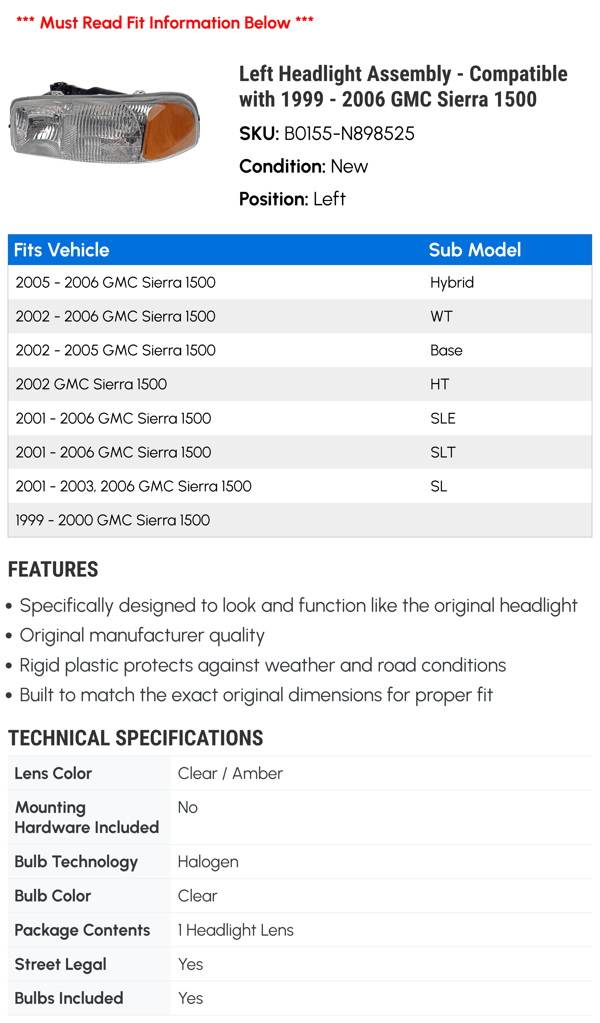 Left Headlight Assembly - Compatible with 1999 - 2006 GMC Sierra 1500 2000 2001 2002 2003 2004 2005