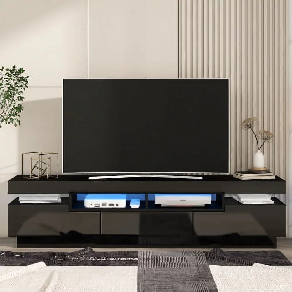 Motent On-Trend TV Stand with 4 Open Shelves, Modern High Gloss Entertainment Center for 75 Inch TV, Universal TV Storage Cabinet with 16-color RGB LED Color Changing Lights, Black