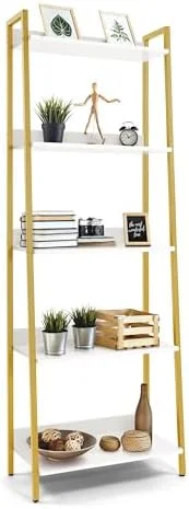 YPXNVTD 5 Tier Ladder Bookshelf  24 Inch Width Free Standing   Bookcase   Rack Organizer  Industrial Book Shelves for Home Office  Living Room  Kitchen  White Shelves & Gold Frame