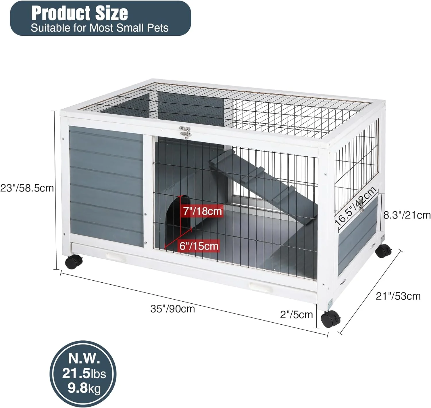 Lineslife Wooden Rabbit Hutch with Wheels Indoor Outdoor, Large Bunny Cage with Openable Roof, Pull Out Tray and ramp for Small Animals, Grey, 1 Floor