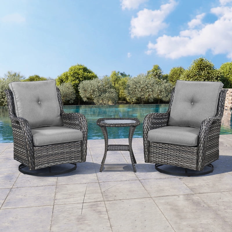 POCASSY 3 Piece Patio Set Outdoor Wicker Glider Rocking and Swivel Chairs with Side Table and Cushions - Patio Wicker Bistro Furniture Set, Gray Rattan & Gray Cushion