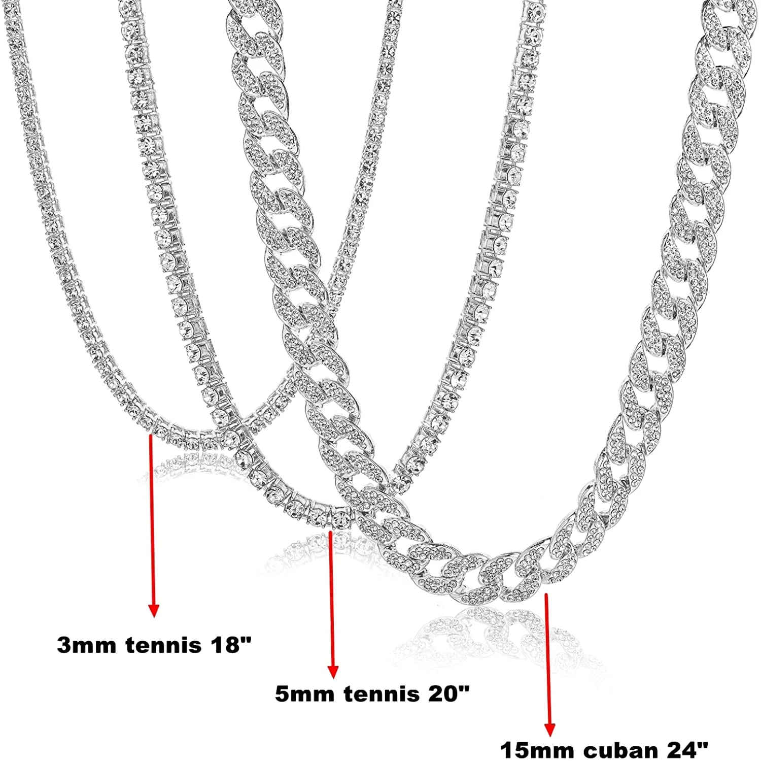 HH Bling Empire Gold Tennis and Cuban Link Chain for Men,Iced Out Mens Diamond Cuban Chain Necklace Sets,Hip Hop Rapper Jewelry Chains,3 Pcs 18/20/24 Inch (Set C-Silver)