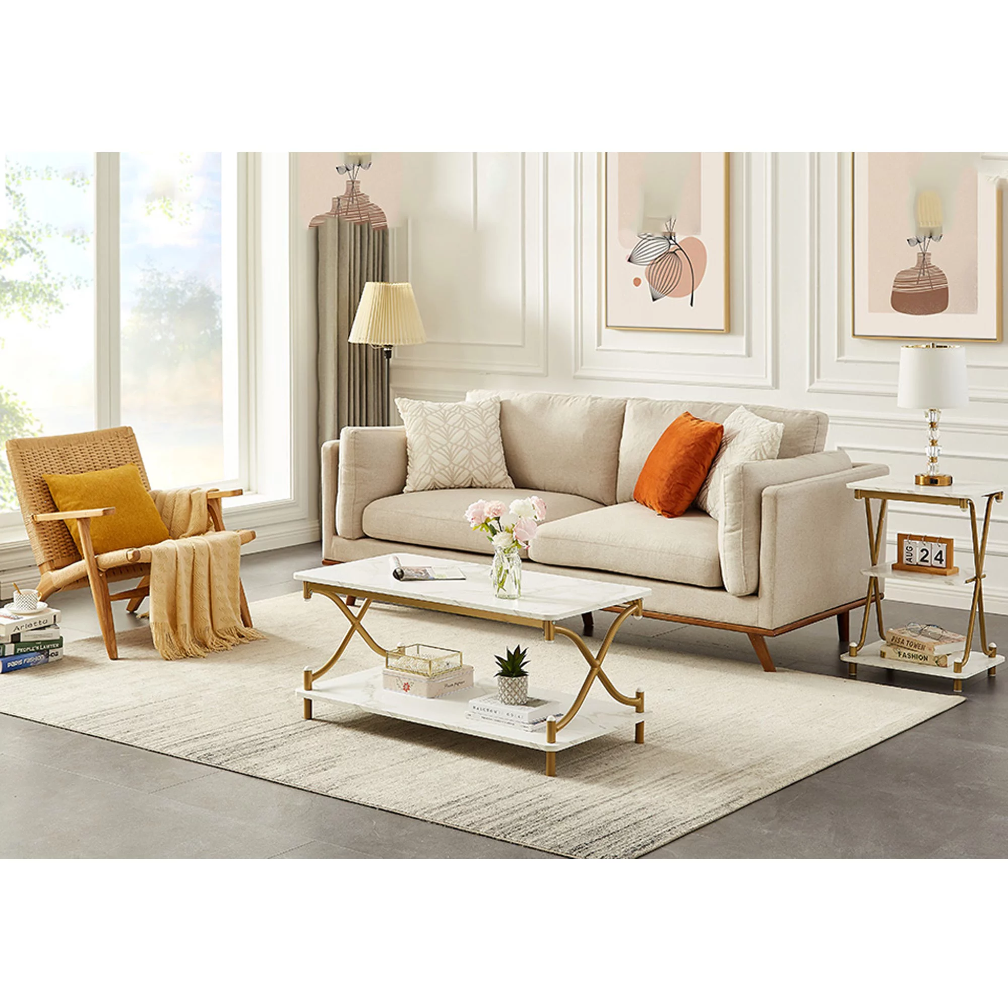VECELO 3-Piece Coffee Table Set with Coffee Table + 2 End Tables, Modern X-Shaped Design Living Room Table Set, Gold
