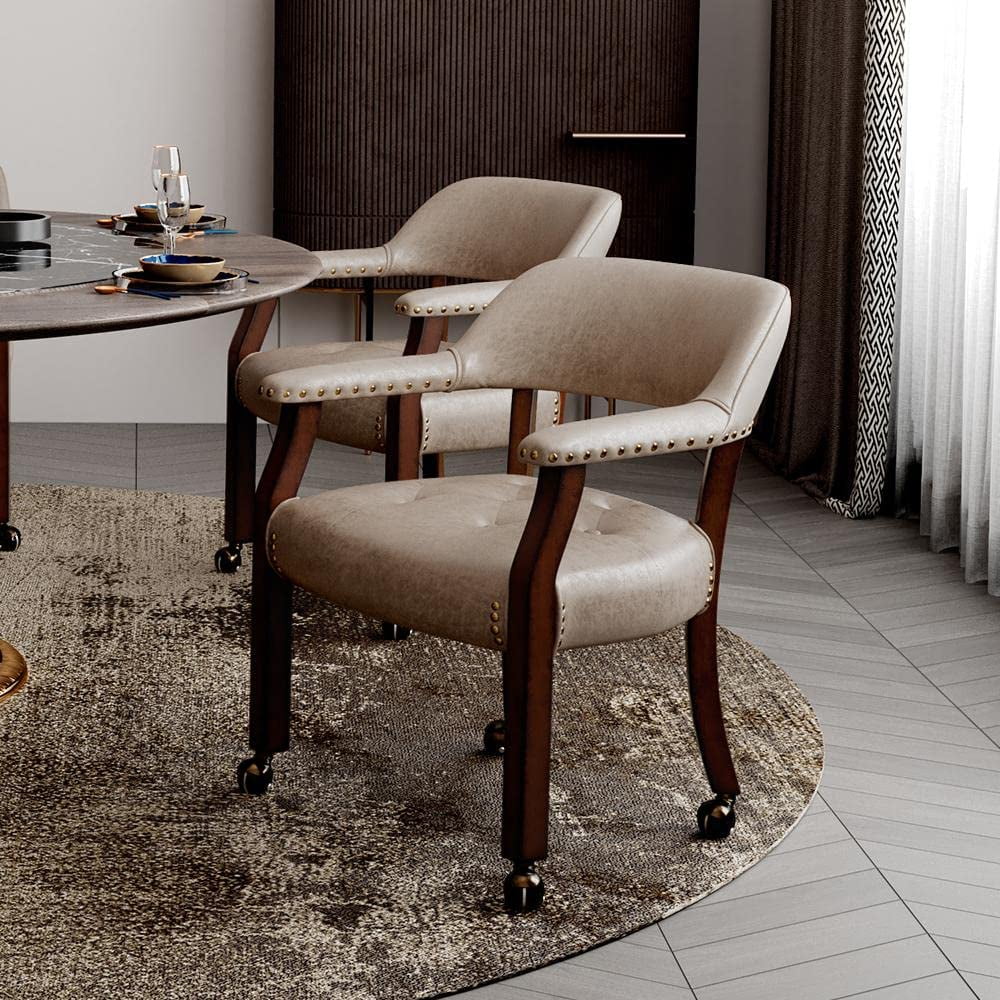 JESONVID Dining Chair with Casters Set of 2, Captain's Chair with Caster Dining Room Chairs with Rollers Curving Backrest Dinette Sets Poker Chair with Wheels Kitchen Table Rolling Chairs,Light Wheat