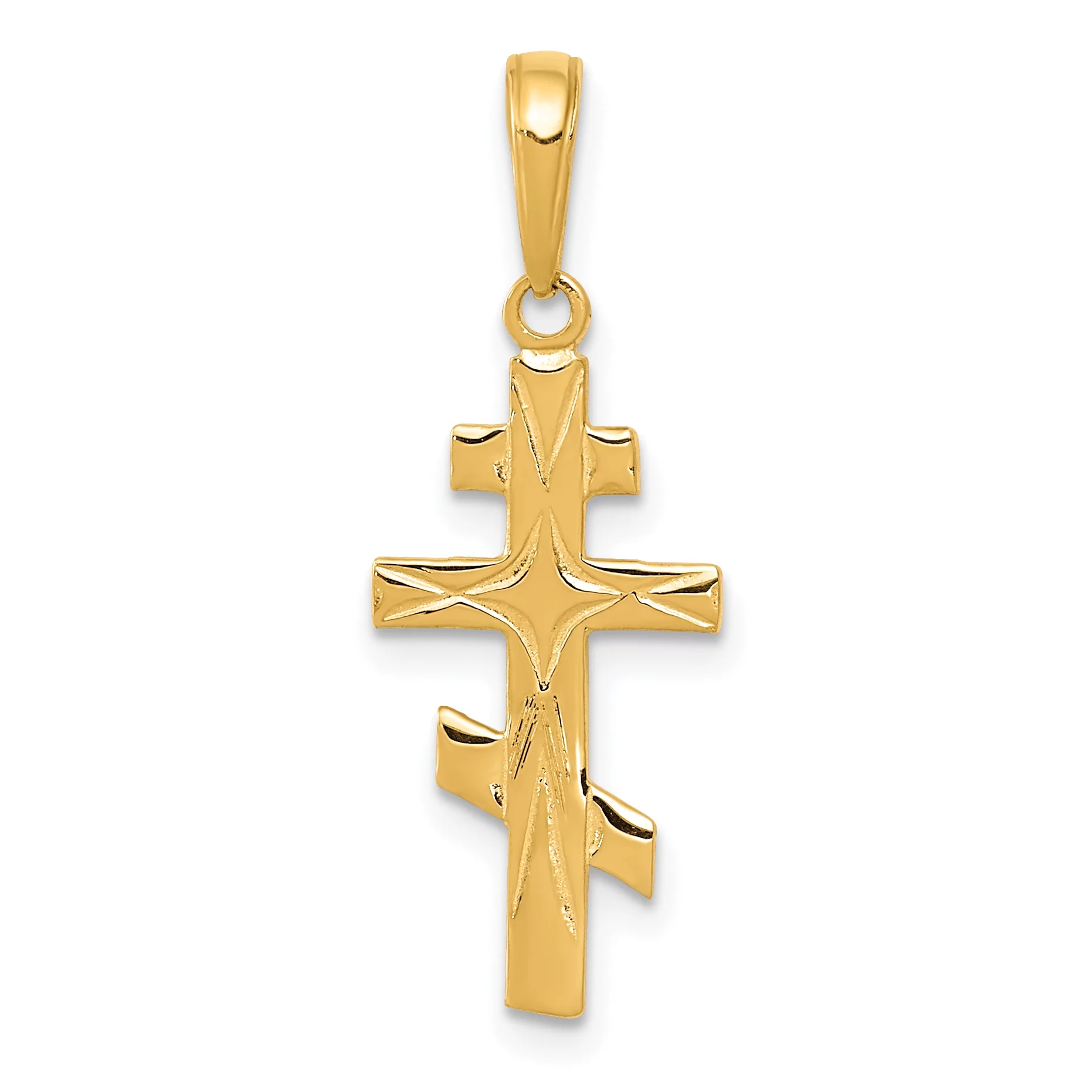 Carat in Karats 14K Yellow Gold Eastern Orthodox Cross Pendant Charm (27mm x 11mm) With 14K Yellow Gold Lightweight Rope Chain Necklace 20''