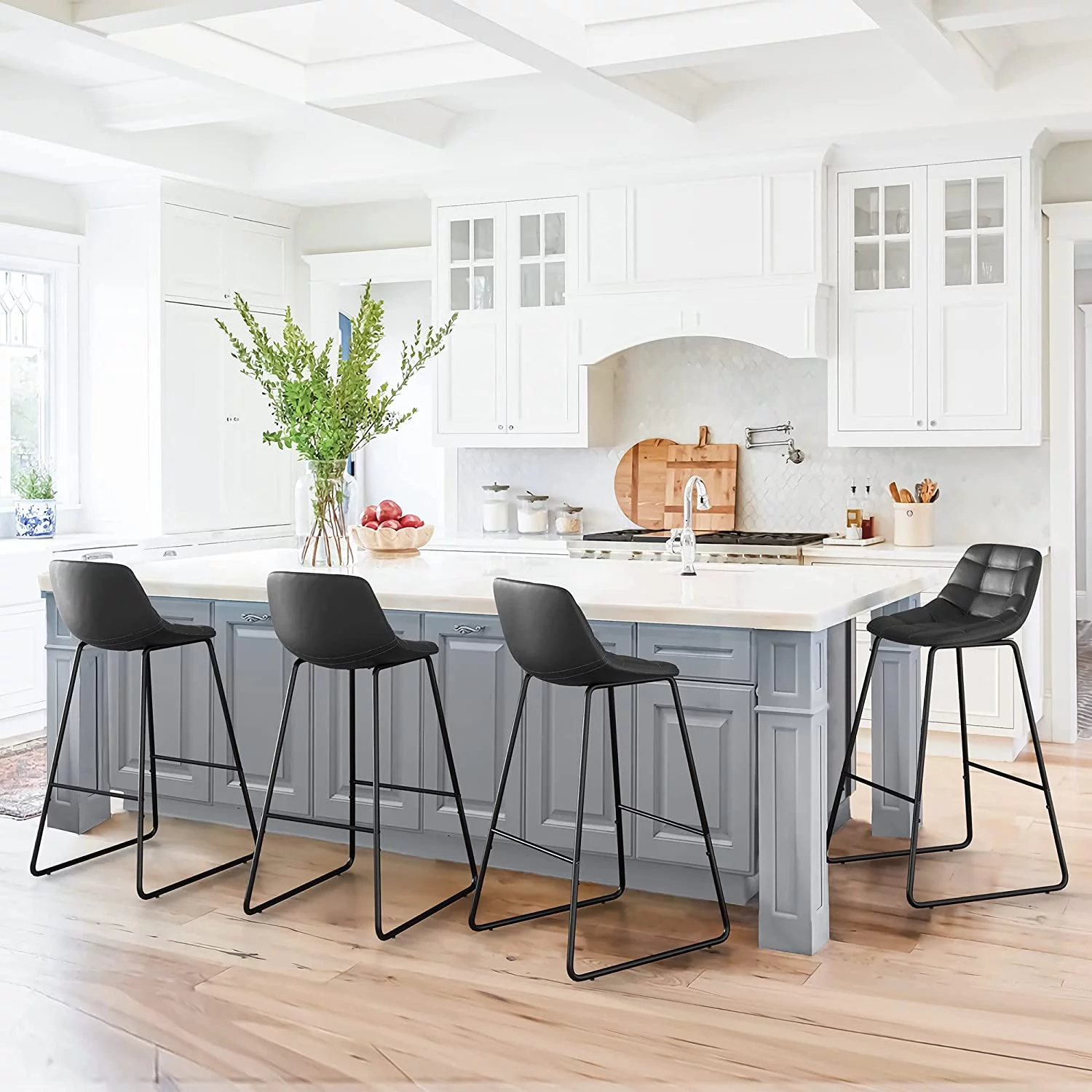 LUE BONA Upholstered Checkered Pattern Bar Stools Set of 6, Faux Leather 30 Inch Bar Height Chairs Kithchen Island, Black