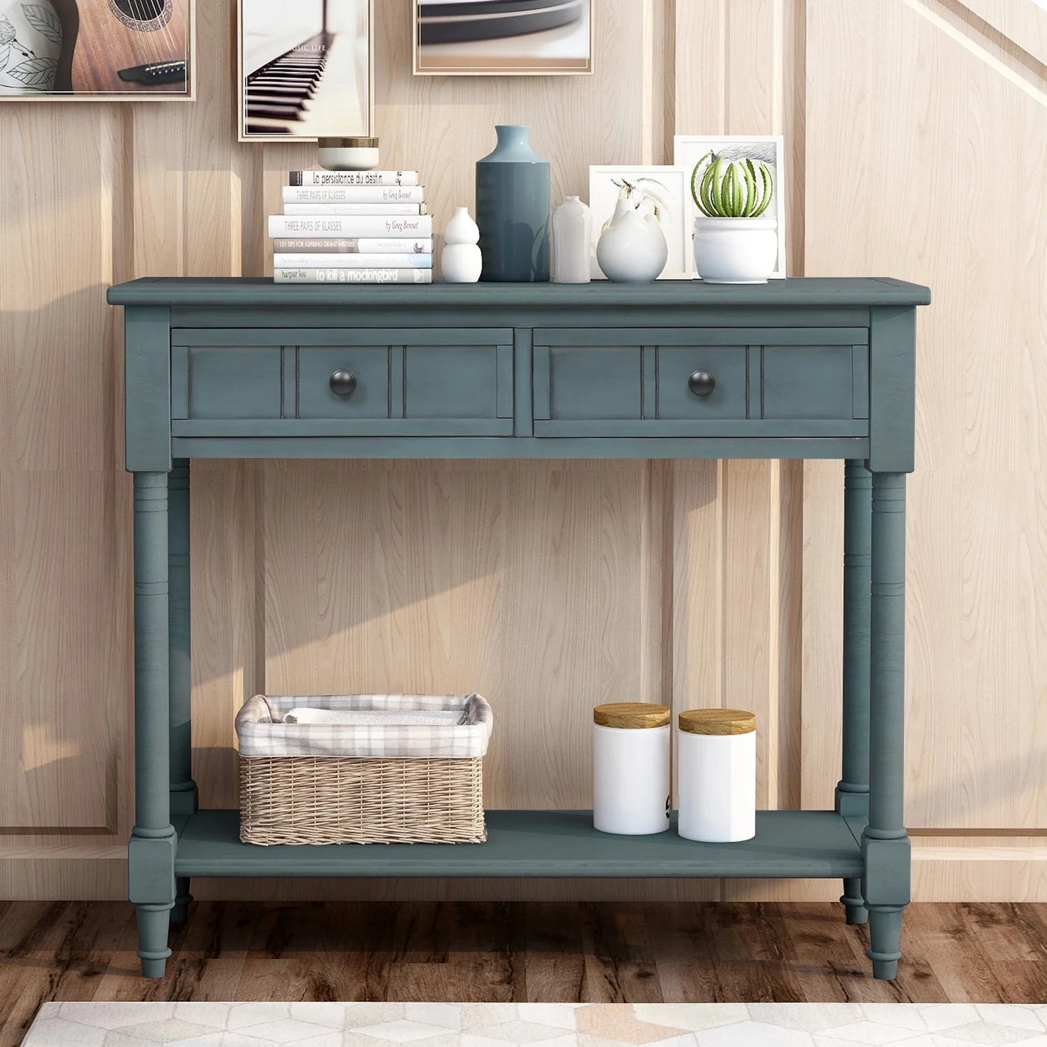 Series Console Table Traditional Design with Two Drawers and Bottom Shelf (Navy)