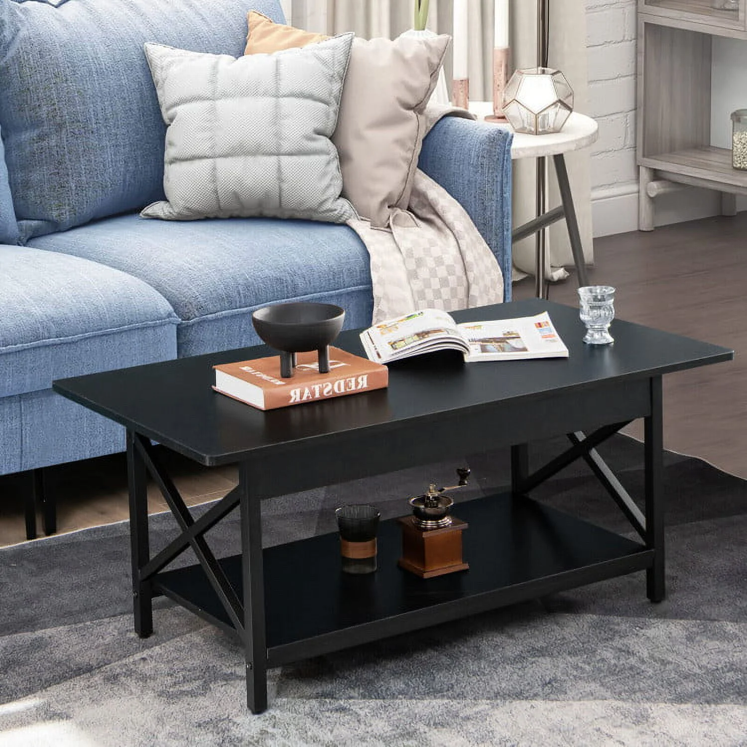 2-Tier Industrial Wood Coffee Tables with Storage Shelf for Living Room, Rectangular Small Cocktail Center Tea Table, Black