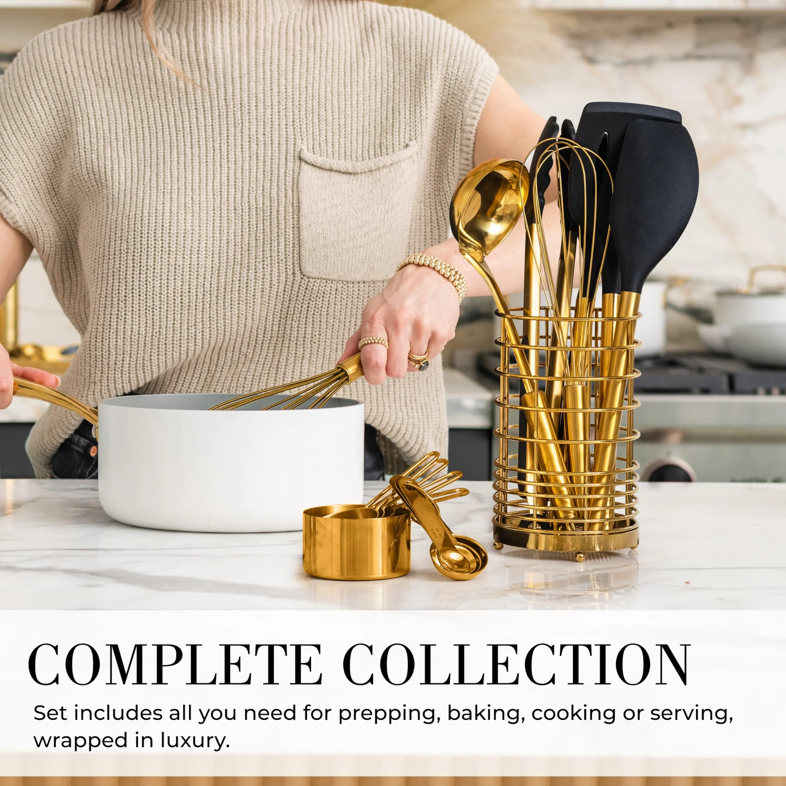 Styled Settings Black and Gold Kitchen Utensils Set - 15 Piece Gold Utensils Set Includes Non-Stick, BPA-Free, Black Silicone and Gold Cooking Utensils Set and Gold Measuring Cups and Spoons Set