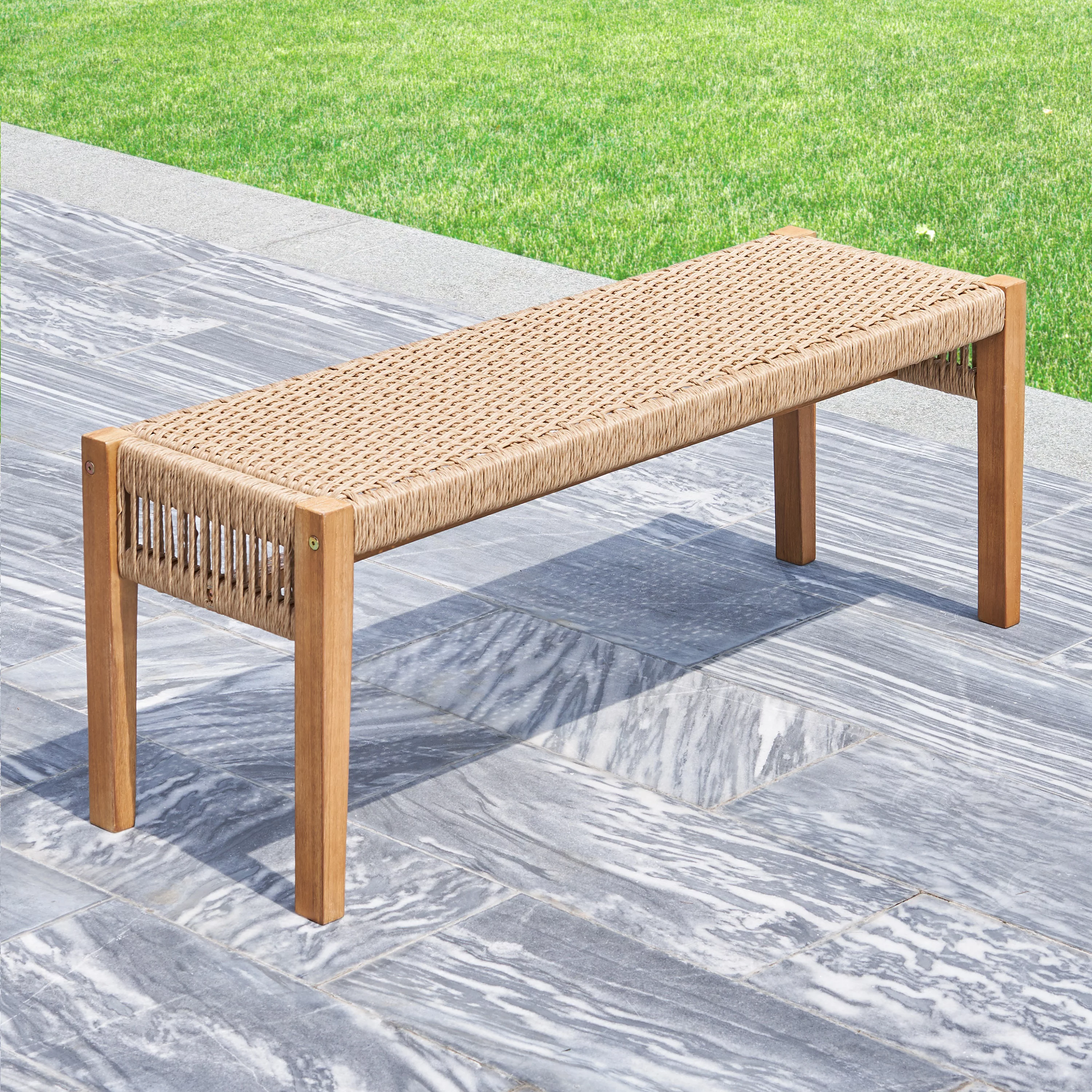 Homiyad Mauricio Golden Oak Acacia Wood Mixed Strapped Rattan Garden Bench