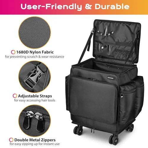BYOOTIQUE Rolling Makeup Train Case Soft Sided Travel Cosmetic Organizer Storage 1680D Nylon Fabric Trolley Suitcase Foldable Mobile Barber Station Makeup Artist Hairstylist, Black