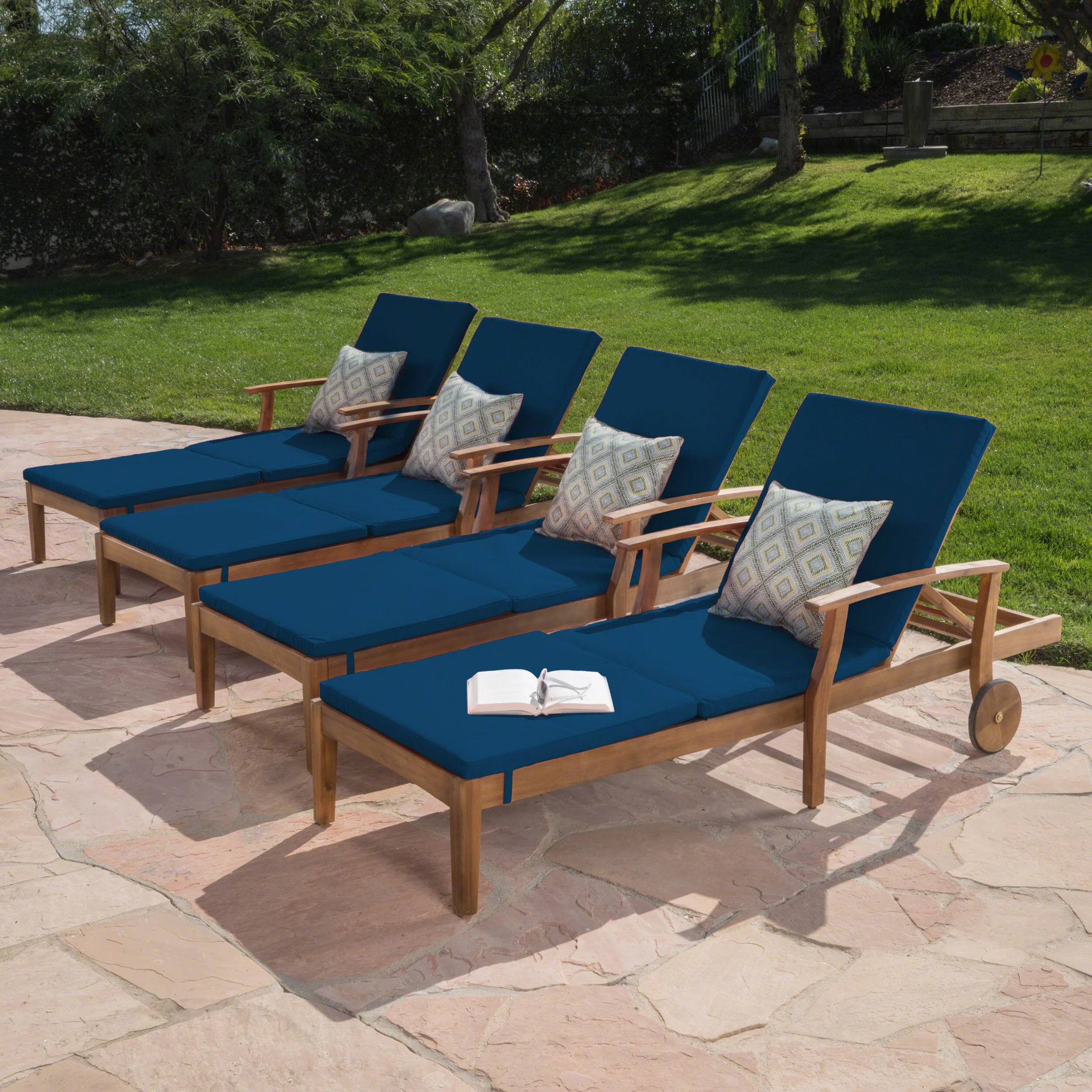 GDF Studio Abena Outdoor Acacia Wood Armless Adjustable Chaise Lounge with Cushion, Set of 4, Teak and Blue