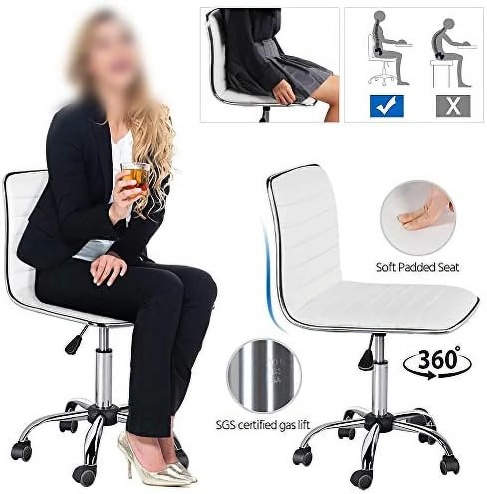 TJCGDTY Mid Back Task Chair Low Back Leather Swivel Office/Computer/Desk Chair Retro Armless Ribbed with Wheels Black