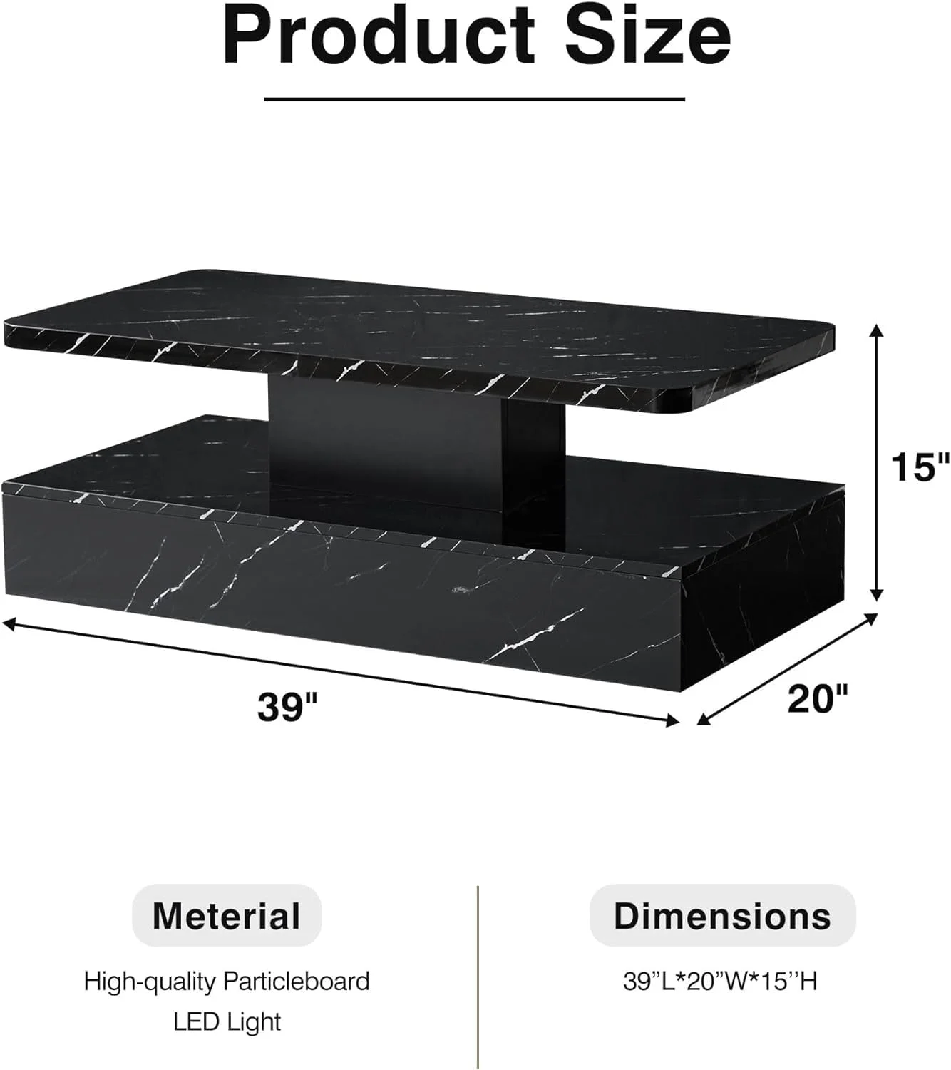 Gloss Coffee Table High, Black Modern Center Table with Smart 16 Colors LED Lights, 2 Tiers Rectangle Design for Living Room,Bar