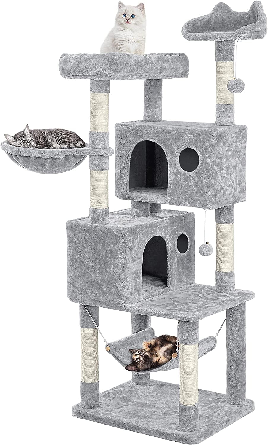 64.5in Extra Large Multi-Level Cat Tree Kittens Play House Condo with Platform, Perch Hammock & Scratching Posts, Light Gray