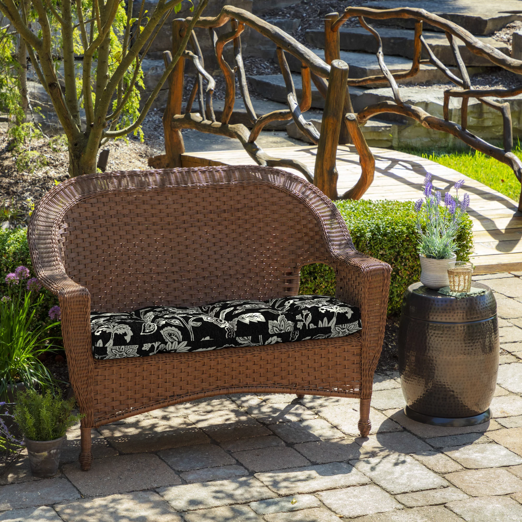 Arden Selections Ashland Black Jacobean 18 x 41.5 in. Outdoor Wicker Settee Cushion