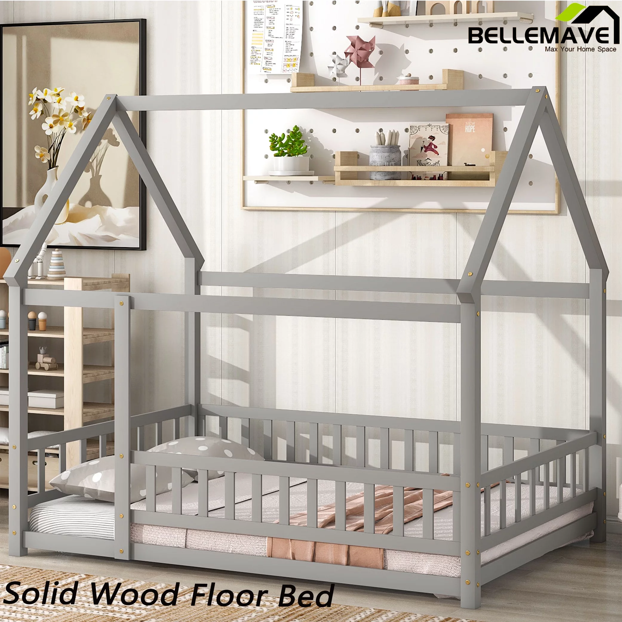 Bellemave Full Size House Floor Bed,Wooden Montessori Bed with Fence and Roof for Kids,Playhouse Full Bed Frame for Girls,Boys(Full,Gray)