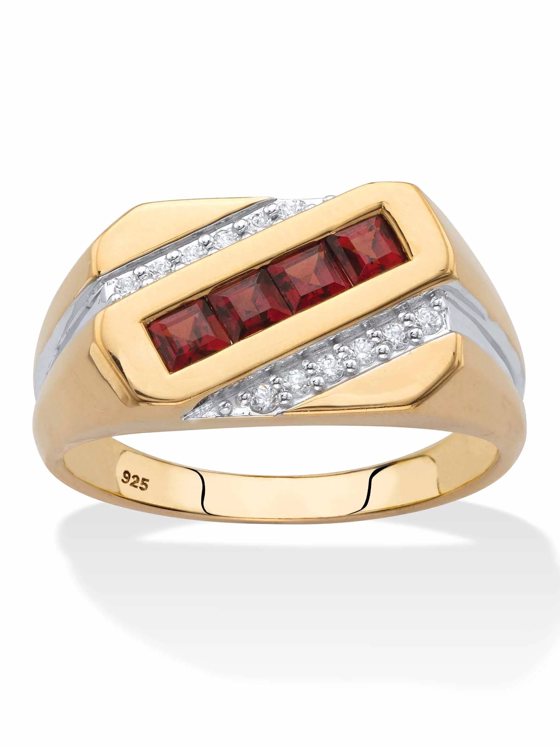 PalmBeach Jewelry Square-Cut Genuine Red Garnet and Diamond Diagonal Men's Ring .96 TCW in 18k Yellow Gold-plated Sterling Silver